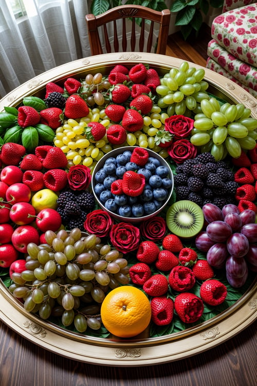 Tray with many fruits, in the center many roses of various colors, in the living room