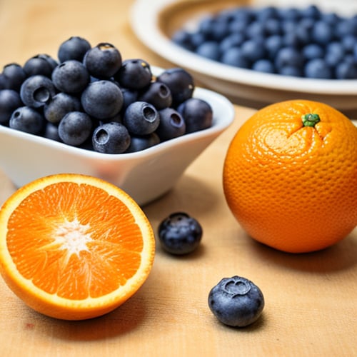 one orange and blueberries on table in kitchen