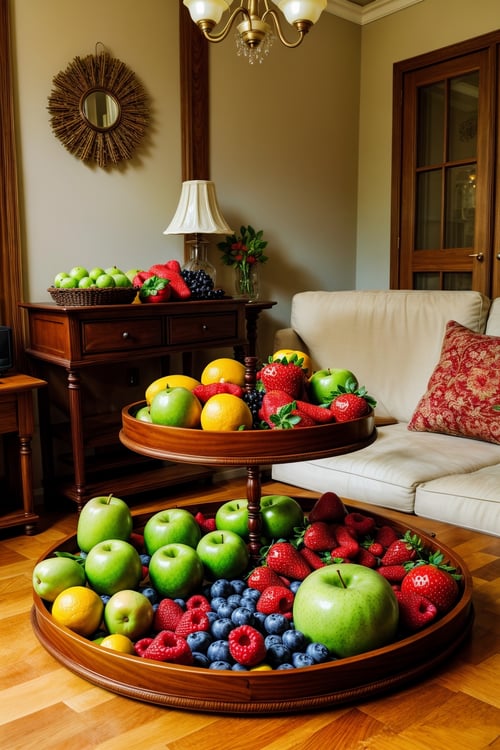 ((masterpiece)), (best quality), tray with many fruits, in the living room