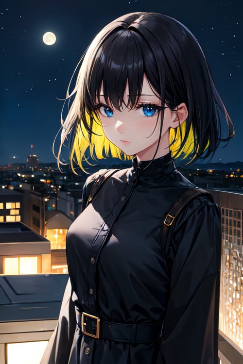 vibrant colors, girl, masterpiece, sharp focus, best quality, depth of field, cinematic lighting, outdoors, night sky, moon, rooftop, full black outfit, black hair, bob hair, blue eyes,upper body