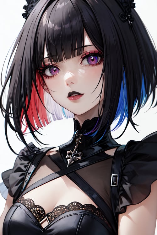 1girl,solo, upper body,looking at viewer, white background, bob cut, short hair, multicolored hair, makeup , parted lips, black lips, eyeliner, gothic, goth girl <lora:goth_girl:0.8> 