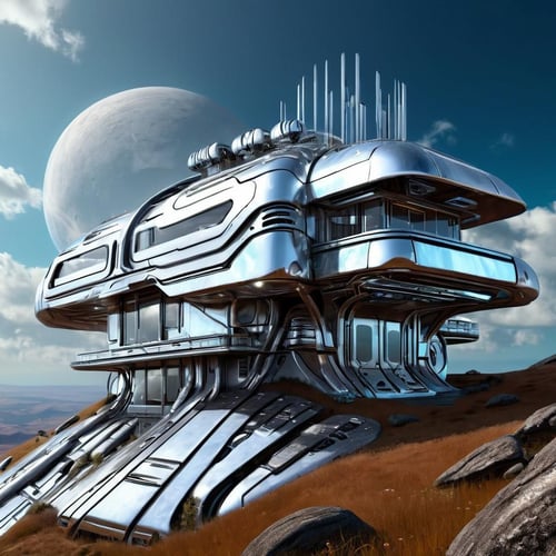 chrometech aesthetics,  scifi chrometech house on hill,  summer sky,  from a scifi futuristic chrometech world,  sucface imperfections,  glowing parts,  ((best quality)),  ((masterpiece)),  ((realistic,  digital art)),  (hyper detailed),  raytracing,  volumetric lighting,  Backlit,  Rim Lighting,  HDR,  styled form,    , <lora:EMS-75928-EMS:0.800000>
