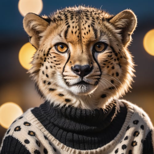 Closeup of an anthro furry cheetah female wearing a wool sweater, high quality photography, 3 point lighting, flash with softbox, 4k, Canon EOS R3, hdr, smooth, sharp focus, high resolution, award winning photo, 80mm, f2.8, bokeh