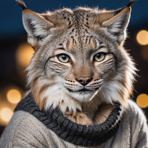 Closeup of an anthro furry lynx female wearing a wool sweater, high quality photography, 3 point lighting, flash with softbox, 4k, Canon EOS R3, hdr, smooth, sharp focus, high resolution, award winning photo, 80mm, f2.8, bokeh