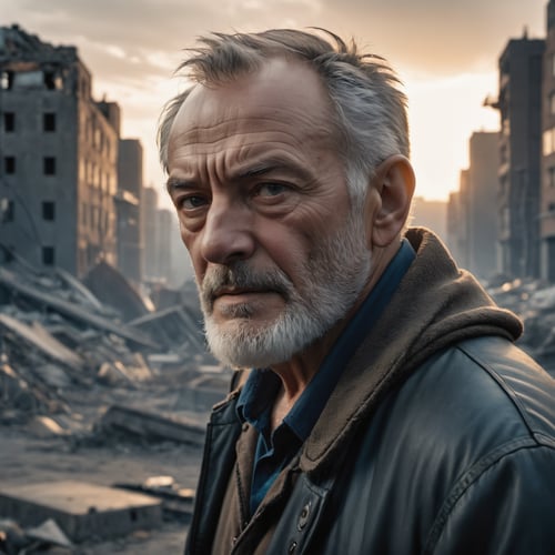 cinematic photo sad old man in a post apocalyptic destroyed city after nuclear blast, newdawn, closeup, high quality photography, 3 point lighting, flash with softbox, 4k, Canon EOS R3, hdr, smooth, sharp focus, high resolution, award winning photo, 80mm, f2.8, bokeh , detailed, realistic, 8k uhd, high quality, high quality photography, 3 point lighting, flash with softbox, 4k, Canon EOS R3, hdr, smooth, sharp focus, high resolution, award winning photo, 80mm, f2.8, bokeh . 35mm photograph, film, bokeh, professional, 4k, highly detailed, high quality photography, 3 point lighting, flash with softbox, 4k, Canon EOS R3, hdr, smooth, sharp focus, high resolution, award winning photo, 80mm, f2.8, bokeh