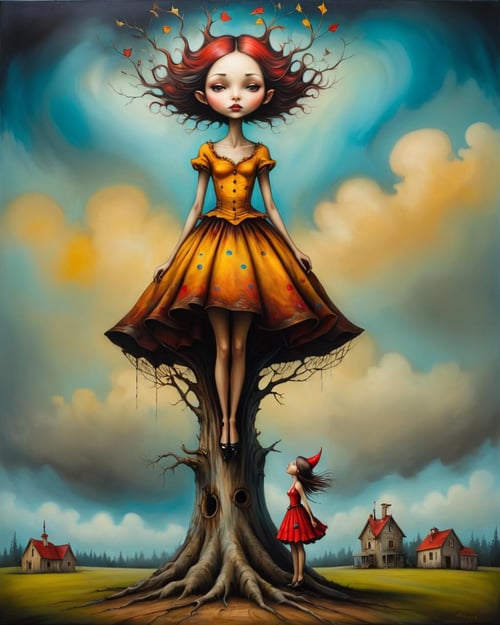 Psychedelic style <lora:FF-Style-ESAO-Andrews-LoRA:1> in the style of esao andrews,esao andrews style,esao andrews art,esao andrewsa girl is standing in a tree stump, inspired by Esao Andrews, esao andrews, by Esao Andrews, inspired by ESAO, style of esao andrews, surreal oil painting, esao andrews ornate, by ESAO, southern gothic art, andrews esao artstyle, jana brike art, magic realism painting, magical realism painting . Vibrant colors, swirling patterns, abstract forms, surreal, trippy