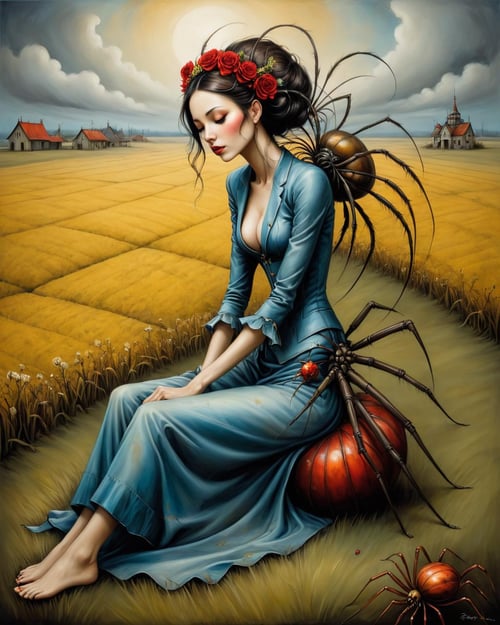 isometric style <lora:FF-Style-ESAO-Andrews-LoRA:1> in the style of esao andrews,esao andrews style,esao andrews art,esao andrewsa painting of a woman sitting on a field with a spider, style of esao andrews, by Esao Andrews, esao andrews ornate, esao andrews, arca album cover, inspired by Esao Andrews, esao andrews and yoshitaka amano, corpse bridegroom of the spring, inspired by ESAO, by Chris Rahn . vibrant, beautiful, crisp, detailed, ultra detailed, intricate
