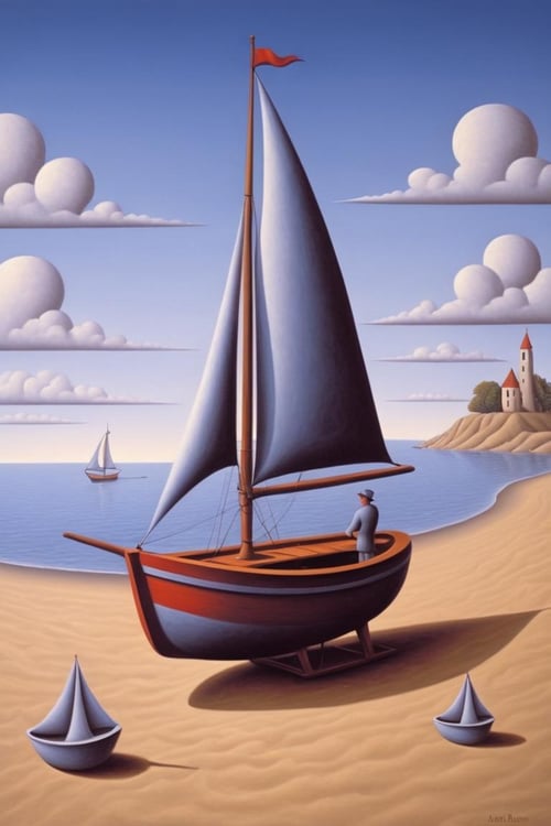 Cubist artwork <lora:FF-Style-Rafal-Olbinski.LORA:1> in the style of rafal olbinski,rafal olbinski style,rafal olbinski art,rafal olbinskia painting of a sailboat on the beach, jim warren and rob gonsalves, rob gonsalves and tim white, illusion surreal art, surrealistic painting, inspired by Vladimir Kush, by Vladimir Kush, surreal scene, jacek yerka and vladimir kush, surreal art, van allsburg, inspired by Rob Gonsalves, by David B Mattingly . Geometric shapes, abstract, innovative, revolutionary