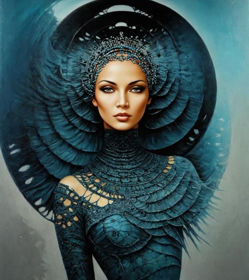 Surrealist art <lora:FF-Style-KAROL-BAK.LORA:1> in style of karol bak, painting of a woman, art by Keos Masons and Sandra Dieckmann, [oil painting of a thicc Fijian (karol bak art:1.3) Chef, Divine, she is dressed in Hackercore fashion style -outfit, Multicolor hair styled as Chignon, Jamaican Glowing Sapphire Eyes, Robotic Legs, Resort in background, at Blue hour, Wonder, highly detailed, Trillwave, 35mm, dark pastel sky, perfect skin::3], inspired by karol bak . Dreamlike, mysterious, provocative, symbolic, intricate, detailed