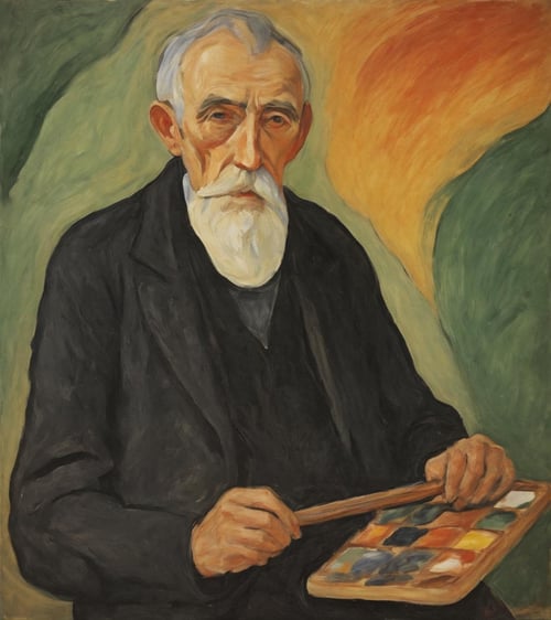 breathtaking <lora:FF-Style-Edvard-Munch-32:1> in the style of Edvard Munch,Edvard Munch style,Edvard Munch art,Edvard Muncha painting of an old man holding a palette, inspired by Erich Heckel, painting of a man, kandinski, inspired by Rezs Blint, inspired by Jen Gyrfs, inspired by Oskar Kokoschka, inspired by Jzef Pankiewicz, filonov, by Oskar Kokoschka . award-winning, professional, highly detailed