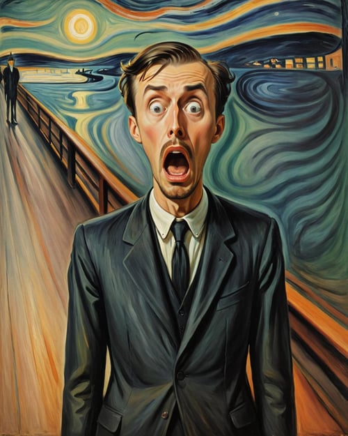 concept art <lora:FF-Style-Edvard-Munch-32:1> in the style of Edvard Munch, Edvard Munch style, Edvard Munch art, Edvard Muncha painting of a man with a surprised face, inspired by Howard Knotts, the scream painting, surreal oil painting, inspired by Peter Blume, surreal painting, epic surrealism 8k oil painting . digital artwork, illustrative, painterly, matte painting, highly detailed