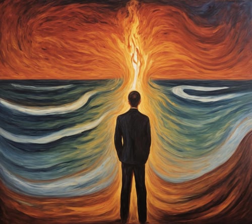 Psychedelic style <lora:FF-Style-Edvard-Munch-32:1> in the style of Edvard Munch,Edvard Munch style,Edvard Munch art,Edvard Muncha man standing on a beach, surreal oil painting, surreal oil on canvas, standing in a maelstrom, dramatic oil painting, oil on canvas nuclear fallout, surreal painting, abstract painting of man on fire, apocalyptic tumultuous sea, surrealist oil painting, surrealism oil on canvas, dramatic artwork, dark oil painting, surrealist landscape painting,(CMYK Colors:1.3) . Vibrant colors, swirling patterns, abstract forms, surreal, trippy
