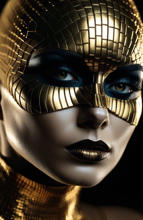 cinematic film still <lora:FF-WoMM-XL-FA-v0208-TE:1.2> a close up of a person wearing a mask, portrait of metallic face, golden mask, gold mask, futuristic woman portrait, inspired by Hedi Xandt, cybernetic machine female face, fashionable futuristic woman, portrait of a cyborg queen, fantastic details full face, beauty blade runner woman, portrait futuristic solider girl, metallic shiny skin. intricate, golden skin . shallow depth of field, vignette, highly detailed, high budget, bokeh, cinemascope, moody, epic, gorgeous, film grain, grainy