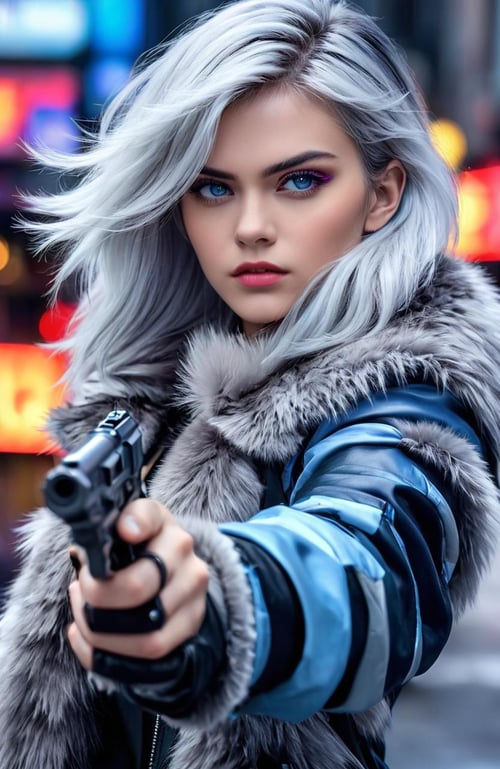 Street Fighter style <lora:FF-WoMM-XL-FA-v0208-TE:0.69> a close up of a person wearing a fur coat, perfect white haired girl, soft portrait shot 8 k, cold blue tones, intense white hair, ice grey eyes, girl silver hair, pale bluish skin, white-hair pretty face, silver hair girl, cloudy grey hair, beautiful ancient frost witch, silver haired, in style of wlop <lora:FF.89.realisticStockPhoto_v10.lora:0.41> a woman holding a gun in a futuristic city, cyberpunk art style, cyberpunk themed art, cyberpunk digital art, high quality cyberpunk art, cyberpunk beautiful girl, cyberpunk dark fantasy art, cyberpunk art, digital cyberpunk anime art, cyberpunk 2 0 y. o model girl, cyberpunk angry gorgeous goddess, cyberpunk women, cyberpunk femme fatale, bright cyberpunk glow,(Colorful:1.3) . Vibrant, dynamic, arcade, 2D fighting game, highly detailed, reminiscent of Street Fighter series