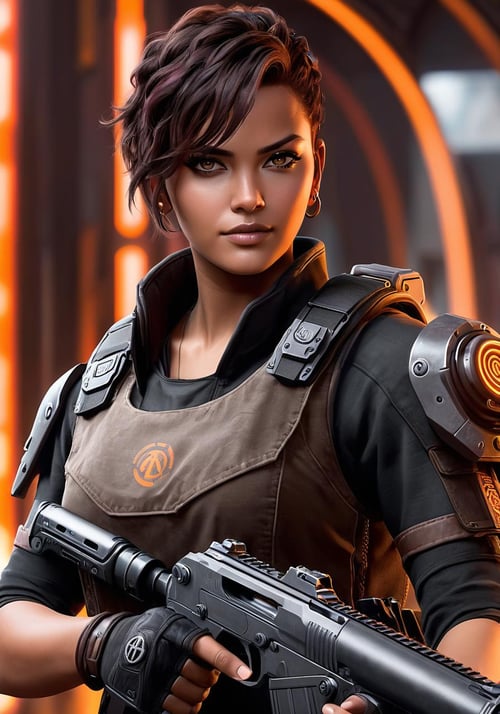 texture <lora:FF-WoMM-XL-FA-v0208-TE:1>, a close up of a person holding a gun, cyberpunk judy alvarez, unreal 5. rpg portrait, portrait of apex legends, wojtek fus, cyberpunk jackie welles, in style of apex legends, cyberpunk character art, female cyberpunk, trending on artstationhq, character art the contra, cyberpunk 2 0 y. o model girl, cyberpunk angry gorgeous goddess,(close portrait:1.3),(Feminine:1.4),(beautiful:1.4),(attractive:1.3),handsome,calendar pose,perfectly detailed eyes,studio lighting,thematic background top down close-up