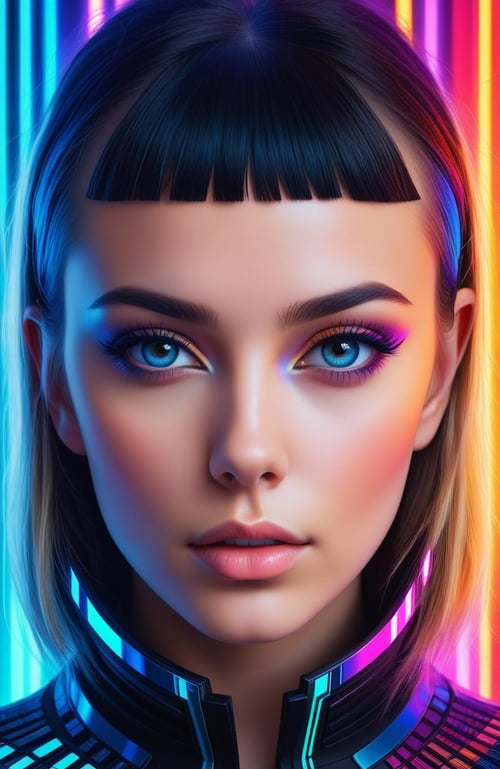 Hyperrealistic art <lora:FF-WoMM-XL-FA-v0208-TE:0.69> a close up of a woman's face with a multicolored background, young glitched woman, symmetrical portrait scifi, beautiful cyberpunk girl face, cyberpunk face, cybernetic faces, portrait of a sci - fi woman, the cyberpunk girl portrait, futuristic woman portrait, by Adam Marczyński, cyberpunk portrait, glowwave girl portrait <lora:FF.92.pyrosSDModelsBlowjob_v0122022steps.lora:0.41>,(Warm Colors:1.3) . Extremely high-resolution details, photographic, realism pushed to extreme, fine texture, incredibly lifelike