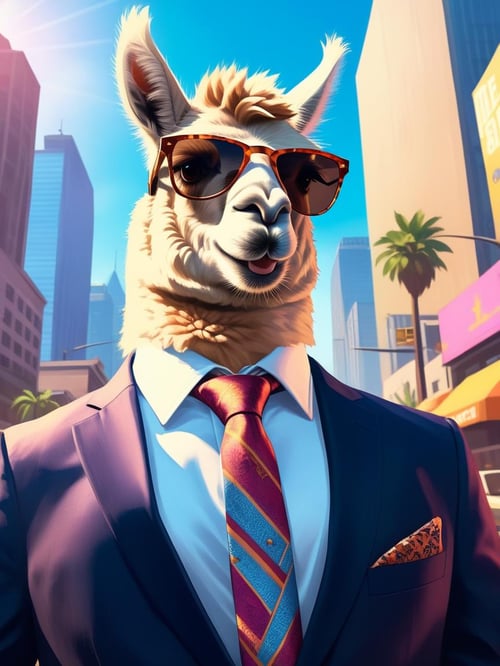 there is a llama wearing sunglasses and a suit in a city, llama portrait, llama anthro portrait, llama, lama, llama all the way, portrait of a llama, alpaca, discord profile picture, epic legends game icon, gta v loading screen art, professional profile picture, ceo, gta loading screen art, mafia background hyper detailed, gta 5 loading screen poster <lora:FF-LLama-Generator:1>