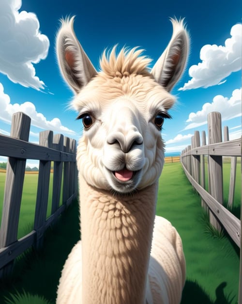comic (Sophisticated Vector image:1.3) of (Sketch:1.3) <lora:FF-LLama-Generator:1> llama a llama is looking at the camera with a fish eye lens, alpaca, portrait of a llama, lama with dreadlocks, wild fluffy llama portrait, lama, llama head, llama with dreadlocks, llama portrait, wide angle lens photography, llama, wide lens photography, animal photography, super wide lens, cute single animal, super wide angle lens, no humans, realistic, day, sky, cloud, outdoors, fence, blue sky, animal, grass <lora:FF.81.sdxlYamersRealism_version2.lora:0.69> card,(Flat style:1.3),Illustration,Behance,close portrait,(manga:1.3),beautiful,attractive,handsome,trending on ArtStation,DeviantArt contest winner,CGSociety,ultrafine,detailed,studio lighting . graphic illustration, comic art, graphic novel art, vibrant, highly detailed
