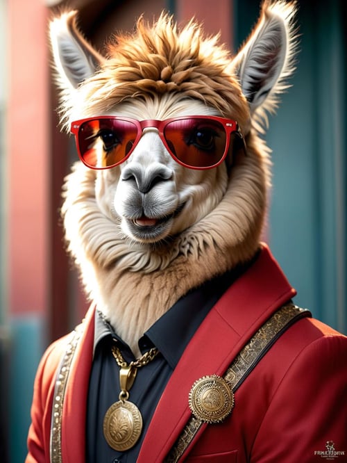 a (llama:1.31) wearing sunglasses and a hat, (llama:1.31) anthro portrait, (llama:1.31) portrait, portrait of a (llama:1.31), lama, wild fluffy (llama:1.31) portrait, (llama:1.31) all the way, alpaca, lama with dreadlocks, (llama:1.31), award winning creature portrait, inspired by Frieke Janssens, by Christian W. Staudinger, highly detailed cgsociety, by Frieke Janssens, sunglasses, jewelry, necklace, solo, no humans, upper body, red jacket, realistic, 1boy, male focus, closed mouth, furry, smile art by artgerm and greg rutkowski and alphonse mucha<lora:FF-LLama-Generator:1>