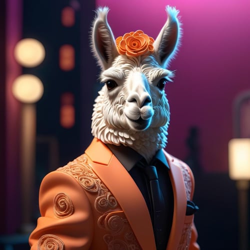 Paper quilling art of llama and alpaca in the matrix movie, octane render, insane details, best quality, side view shot of a Elevating Cluttered (LLama :1.3) wearing a Pocket Square, Conducting an orchestra, fairy tale, wearing King suit, Dancing, plain dark pink background, dense space, at Dusk, shallow depth of field, Ultrarealistic, Evil, Neo Dada Art, key light, 800mm lens, DayGlo orange neon hue, Golden ratio, moody, RTX, arthouse, (art by Frank Holl:1.0) , 4k, highly detailed,  <lora:FF-LLama-Generator:1.09> . Intricate, delicate, curling, rolling, shaping, coiling, loops, 3D, dimensional, ornamental