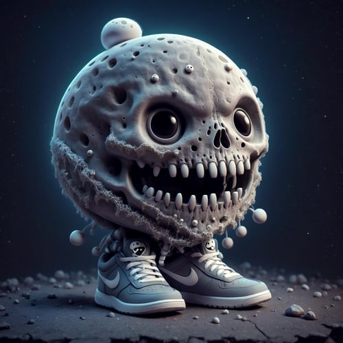 a cute helloween skull head, hauted house, wearing nike sneaker,(moonster:1.05),