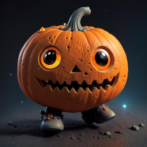 a cute helloween pumpkin jack-o-latern, hauted house, orange, tiny leg,(moonster:1.05),