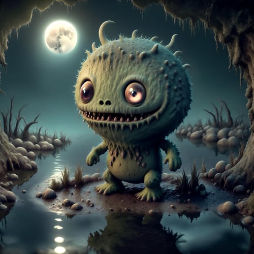 cute swamp monster at the swamp, water, lake as a moonster, horror,in (moonster:1.05) style,
