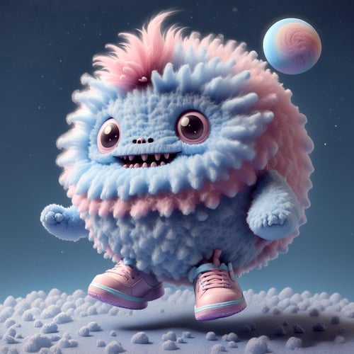 a cute fluffy monster, flying on a candy cotton cloud, wearing nike sneaker,(moonster:1.05),