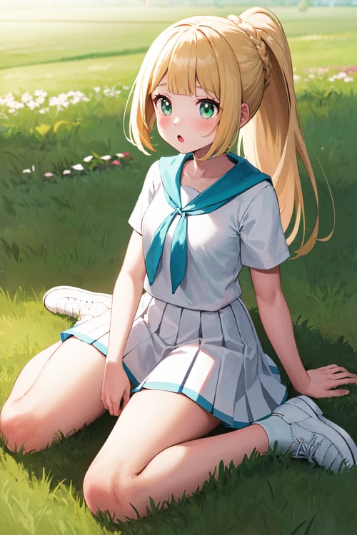 masterpiece, best quality, highres, aalillie, long hair, ponytail, french braid, white shirt, short sleeves, white skirt, pleated skirt, <lora:lillie_(pokemon)_v1:0.7>, wariza, grass, :o, field, white footwear,