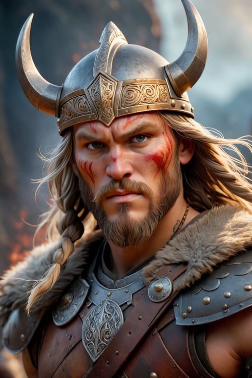 (best quality, 8K, highres, masterpiece), ultra-detailed portrayal of a mystical viking warrior, blending the raw intensity of battle with a touch of the ethereal. This man stands as a guardian between realms, his face adorned with ancient warrior face paintings, highlighted by traces of blood and the secrets of battle etched into his gaze. The portrait captures him in a moment of contemplation, the shallow depth of field focusing sharply on his detailed eyes, surrounded by a soft vignette that hints at a world beyond. The high-budget Hollywood film quality brings to life his fierce expression and the intricate details of his metal armor, weathered by countless battles, under studio lighting that casts dramatic shadows and highlights the vivid colors of his war paint. His strong, androgynous physique is poised in a heroic stance, with a scarred face telling tales of his valor. The ornate helmet, adorned with ancient runes, and his hair, threaded with beads, flutter in a wind-swept dance, while the smoke swirls in the background, suggesting a mystic battlefield. In his hands, a sword and shield, symbols of his warrior spirit, ready for the unseen foe. The atmosphere is charged with foreboding, yet his stoic expression speaks of an unwavering resolve, as if he is a roaring warrior frozen in time, surrounded by the swirling mist of legend. This scene is not just a portrait but a gateway into the saga of a man whose presence commands the scene, enveloped in a foreboding atmosphere of swirling mist and the soft glow of fire in his eyes, revealing a ferocious demeanor and a commanding presence that transcends the ordinary into the realm of legend, 3D, Cartoon