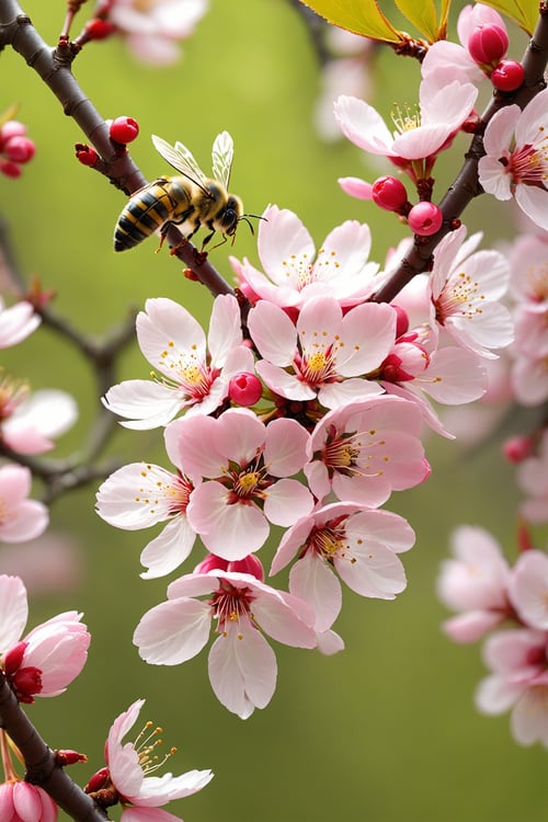(best quality,4k,8k,highres,masterpiece:1.2),ultra-detailed,(realistic,photorealistic,photo-realistic:1.37),cherry tree,cherry flower,close up,macro photography,beautiful delicate cherry blossoms,vibrant pink petals,fragrant scent of cherry blossoms,subtle play of light and shadow on the tree branches,soft sunlight filtering through the cherry blossoms,captivating beauty of nature in full bloom,springtime serenity,peaceful atmosphere under the cherry tree,blossoming branches reaching towards the sky,fresh green leaves juxtaposed with the vibrant pink flowers,delicate details of the cherry petals,small insects buzzing around the flowers,pollen gently carried by the breeze,bees collecting nectar from the cherry blossoms,up-close view of the intricate flower structure,petals gently swaying in the wind,immersive experience of being surrounded by cherry blossoms,every petal showcasing its unique beauty,ethereal and dreamlike ambiance,refreshing and rejuvenating natural scene.