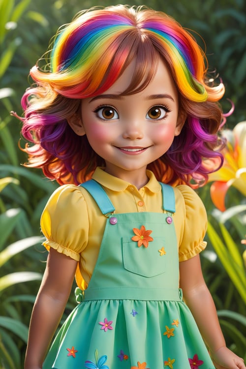 (Child character:1.2), (Colorful personality:1.3), Meet Lily, a cheerful little girl with a vibrant personality and a unique twist – her hair shimmers in all the colors of the rainbow. Her warm brown eyes radiate curiosity and kindness, making her a truly endearing character with a captivating appearance.