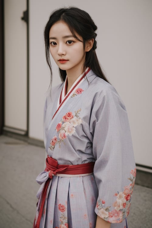 1girl, portrait of a girl, street, hanbok, korean style, film, graininess, realstic, highres, high detail, photography, RAW, real life,ao_yem