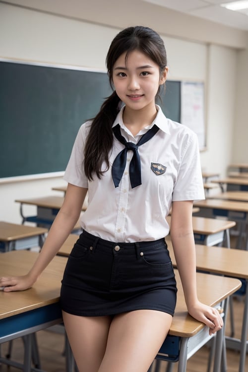 girl standing in school classroom,sailor shirt,micro mini skirt,18-year-old,bangs,a little smiles,thighs,crotch,knees,short cut hair,ponytail,from below,acjc,milf