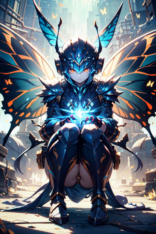 
masterpiece, highly detailed photorealistic 8k raw photo, best quality, volumetric lighting, volumetric shadows
a girl in Construction Orange hadesarmor, musculated body, alien eyes, helmet, monster form, claws, pair of symmetrical metal demon wings, armor reflexions, butterfly sitting
meadow background
