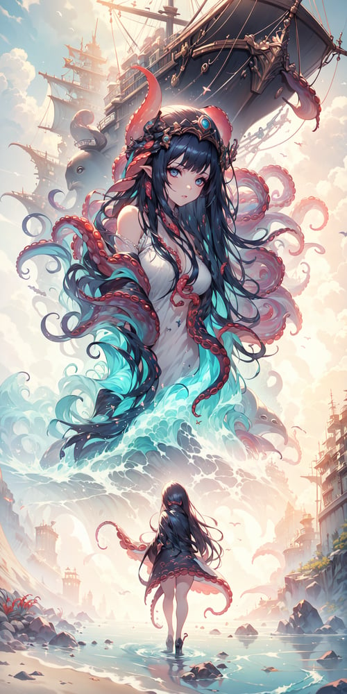 (masterpiece, best quality:1.3, ultra-realistic, 8k,photoshop,realistic,illustration)1girl,giant girl,beach,octopus,tentacle,monster octopus,ship background,ocean, ,1 girl