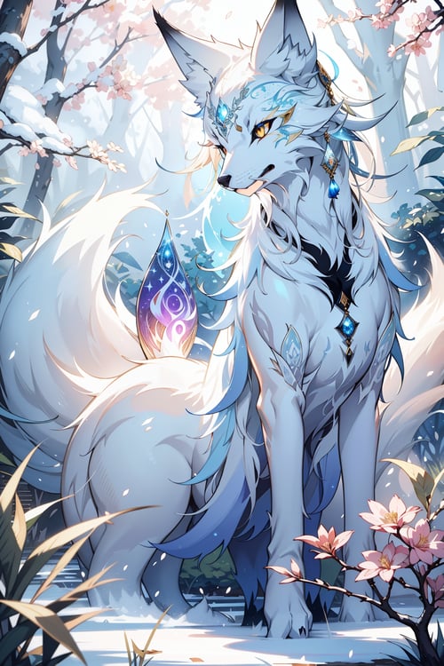 breathtaking, masterpiece, nine-tailed white fox, japanese art style, , majestic, bokeh, ink, art, no_human, complex background, beautiful tails,
n a serene and enchanted forest, a mesmerizing sight awaits those fortunate enough to catch a glimpse - a breathtaking white fox with a lustrous coat that gleams like freshly fallen snow under the gentle moonlight. Gracefully moving through the undergrowth, its elegant form captures the essence of ethereal beauty. But what truly sets this wondrous creature apart is its extraordinary nine tails, each one adorned with intricate patterns that seem to tell ancient tales of mythical wonders. With every swish of those magnificent tails, an enchanting aura of magic surrounds the fox, captivating all who behold its splendor. As the embodiment of purity and allure, the white fox with its resplendent nine tails is a living testament to the wonders of nature's creativity and brilliance.