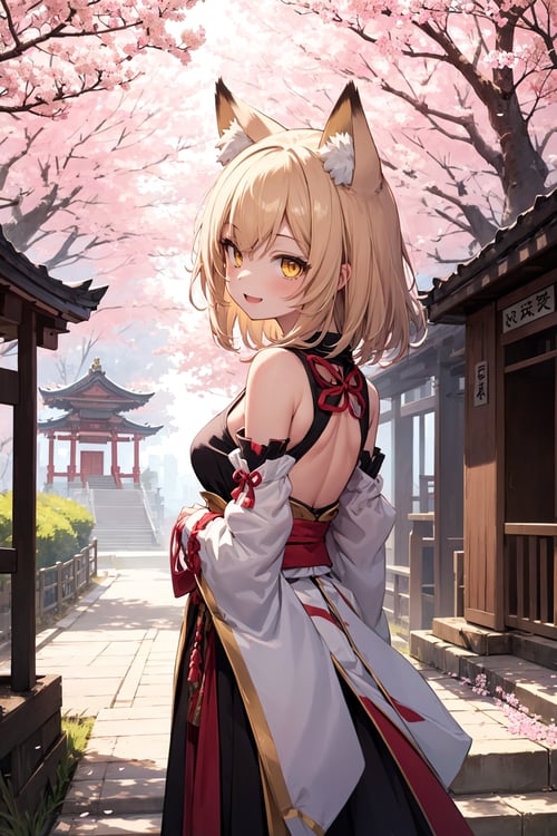 masterpiece, best quality, 1girl, yellow eyes, medium hair, stairs, cherry blossoms, temple, fox girl, detached sleeves, animal ears, happy, arms behind back,JAR