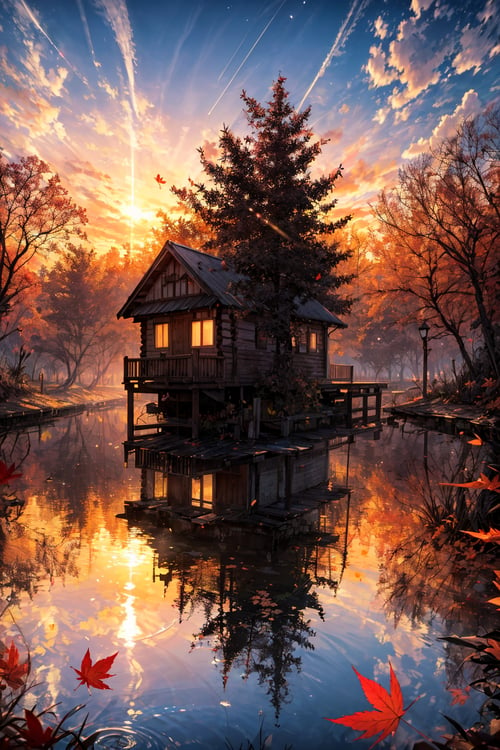 Wooden cabin in the midle of Lake, perfect sunset light on far away, golden rays , water reflection, breeze atmosphere, magnificent view, serene forest around, maple leaves floating , perfect composition, perfect light, profesional shot, canon 5d mark iv 75mm lens f2.8, dark to light, 8k unity wallpaper ,high_res