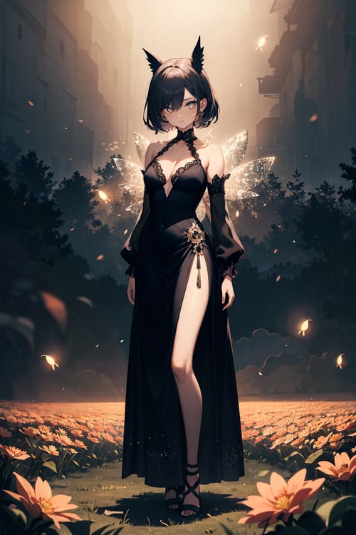 a 30yo woman, detailed face, looking at viewer, (full body shot:1.4), hdr, 8k, detailed eyes, standing in a field of flowers, ,   loraeyes,   AGGA_ST002, bright pupils,    Gothgal, ballgown   fireflies,  1 fairy, chiaroscuro lighting