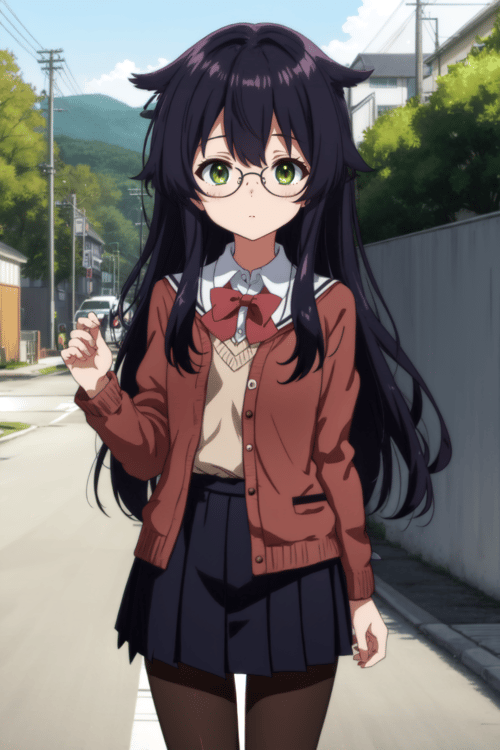 1girl, solo, pantyhose, school uniform, collared shirt, standing, glasses, hair flaps, long hair, black hair, looking at viewer, teacher, green eyes, petite, outdoors, <lora:waist_size_control_v1.0:1.5>, <lora:hairflap2-000002:1.0>, hair flaps, <lyco:kyoto animation_artstyle_LoCon:0.4>, kyoto animation, anime screencap