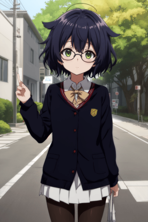 1girl, solo, pantyhose, school uniform, collared shirt, standing, glasses, hair flaps, short hair, black hair, looking at viewer, teacher, green eyes, petite, outdoors, <lora:waist_size_control_v1.0:1.5>, <lora:hairflap2-000002:1.0>, hair flaps, <lyco:kyoto animation_artstyle_LoCon:0.4>, kyoto animation, anime screencap