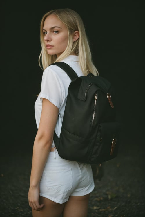epiC35mm, blond female in a dark theme, backpack <lora:epiC35mm:1>