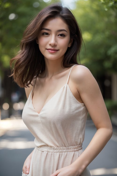 Photo of Pretty Japanese woman, mid-twenty, perfect mature female body, delicate facial, perfect slender arched shape eyebrows, double eyelids, medium dark brown hair on back, natural saggy medium breasts, wide hips, long-legged, pale skin, tall stature, linen raw color dress, outdoor, seducing_eyes, gazing at viewer, sexy face, enchanting smile, from below, hips focus, natural nightlight, low key, detailed eyes, detailed face, detailed real skin texture, detailed fabric rendering, detailed details, epiC35mm
