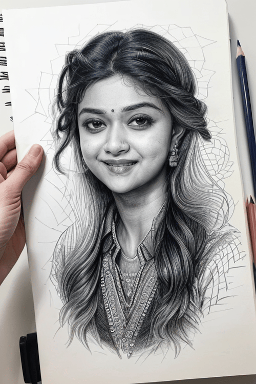 masterpiece, best quality, <lora:KeerthySuresh:1> KeerthySuresh, by [yigal ozeri:max ernst:0.56] intricate realistic pencil drawing on spiral bound notebook, color pencil art, (in action:1.3)