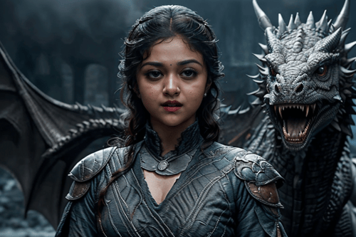 masterpiece, best quality, <lora:KeerthySuresh:1> KeerthySuresh, by [yasushi nirasawa:gottfried helnwein:0.56] intricate realistic photo, lifelike composition,(in action:1.3), Game of Thrones, dragon breathing fire in background