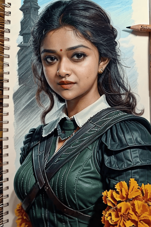 masterpiece, best quality, <lora:KeerthySuresh:1> KeerthySuresh, by [dorothea tanning:jean-léon gérôme:0.56] intricate realistic, color pencil drawing, spiral bound notebook, color pencil art, (in action:1.3), Triss Marigold in The Witcher 2