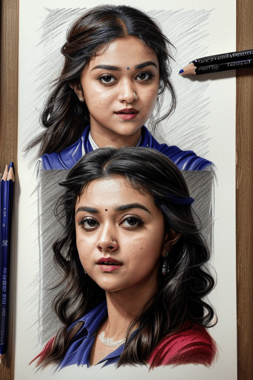 masterpiece, best quality, <lora:KeerthySuresh:1> KeerthySuresh, by [jean-léon gérôme:chris ofili:0.56] intricate realistic, color pencil drawing, spiral bound notebook, color pencil art, (in action:1.3), Bloodrayne