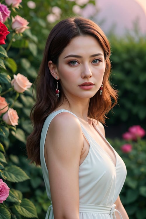  a woman, (realistic), (hyperrealism), (photorealistic), depth of field, adult, (upper body:1.2), (narrow waist), eye makeup:0.5, looking at the viewer, portrait photo, white dress, at the rose garden, moonrise, 
,Color Booster