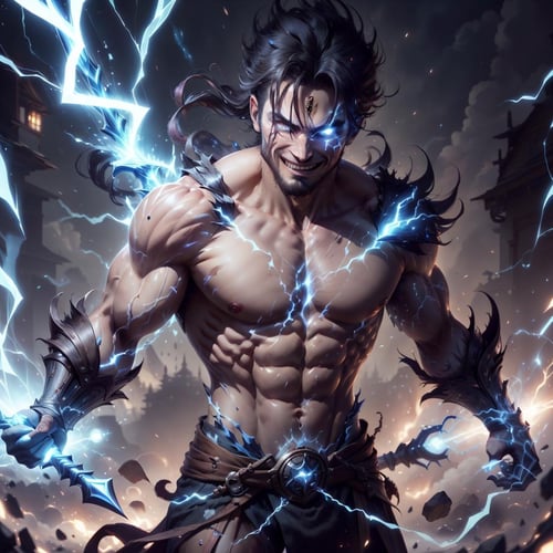 <lora:ThunderMagic-22:0.8>, thundermagic , excessive energy ,  charged, upper body, male ,barbarian, abs, holding spear ,enchanted spear , two-handed, scar on face, grin, (warrior:1.1) , muscular male,closed mouth,